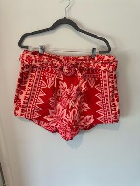 Farm Rio Red Floral Print Tie-Waist Shorts